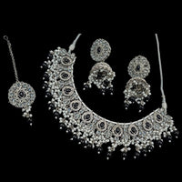 NAFJ Silver Plated Crystal & Pearl  Graceful Charm for Every Occasion Choker Necklace Set