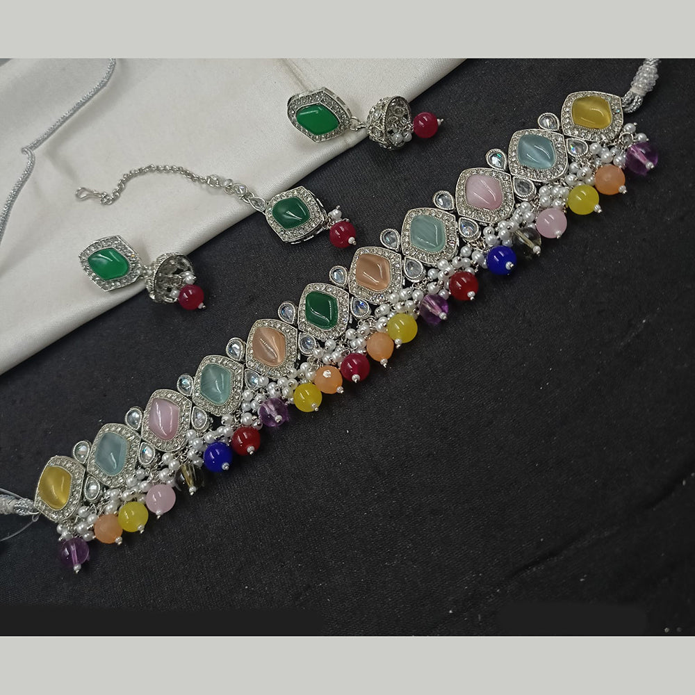 NAFJ Silver Plated Crystal & Pearl  Graceful Charm for Every Occasion Choker Necklace Set