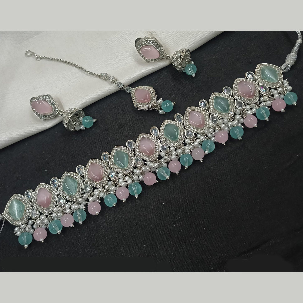 NAFJ Silver Plated Crystal & Pearl  Graceful Charm for Every Occasion Choker Necklace Set