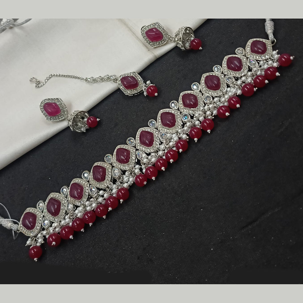 NAFJ Silver Plated Crystal & Pearl  Graceful Charm for Every Occasion Choker Necklace Set