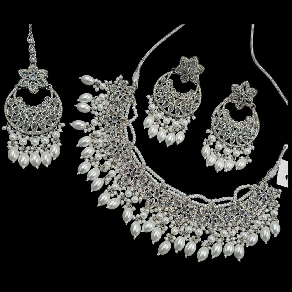 NAFJ Silver Plated Crystal & Pearl  Graceful Charm for Every Occasion Choker Necklace Set