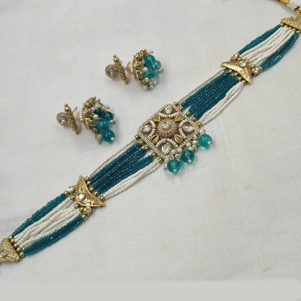 NAFJ Gold-Plated Kundan And Pearl  Elegant Bridal & Festive Jewelry Choker Necklace Set