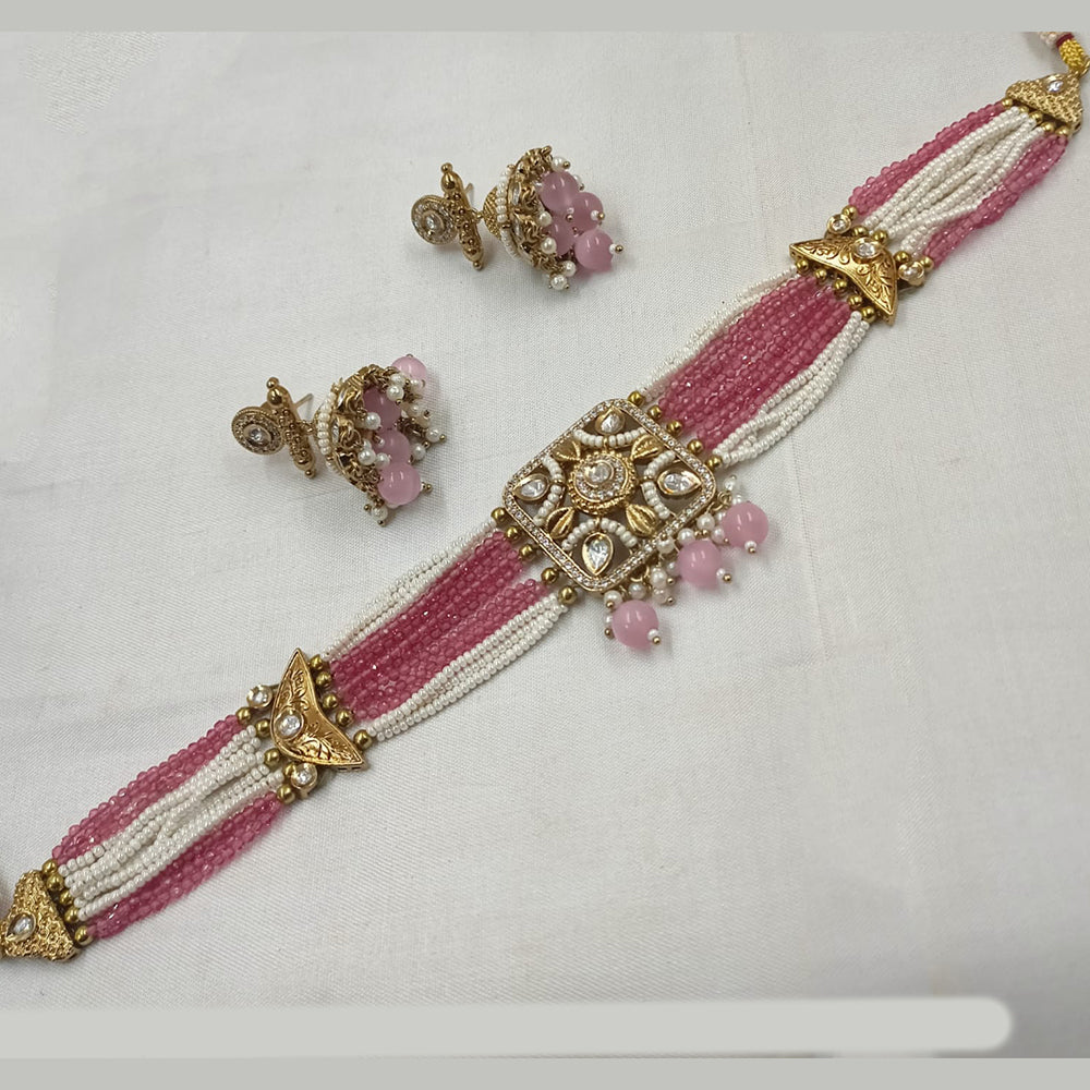 NAFJ Gold-Plated Kundan And Pearl  Elegant Bridal & Festive Jewelry Choker Necklace Set
