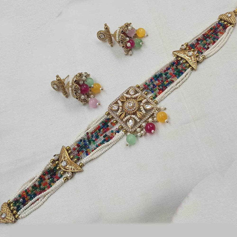 NAFJ Gold-Plated Kundan And Pearl  Elegant Bridal & Festive Jewelry Choker Necklace Set