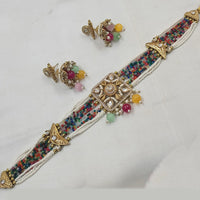NAFJ Gold-Plated Kundan And Pearl  Elegant Bridal & Festive Jewelry Choker Necklace Set