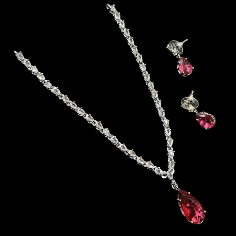 NAFJ Glamorous Silver Plated American Diamond Necklace Set