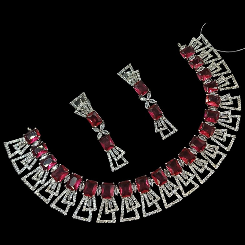 NAFJ Glamorous Silver Plated American Diamond Necklace Set