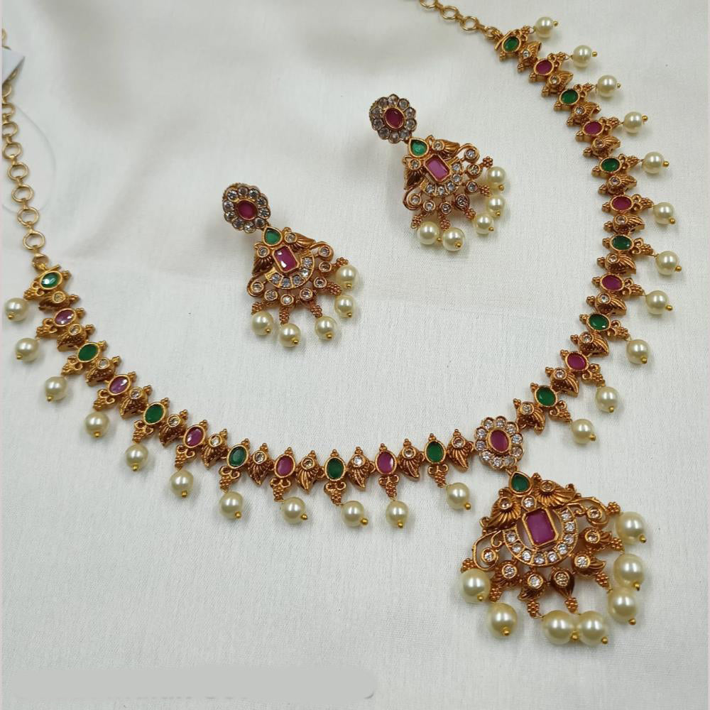 NAFJ Gold Plated Austrian Stone And Pearl Necklace Set