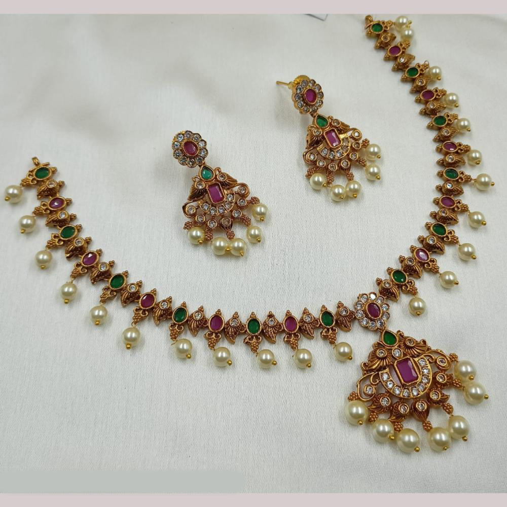 NAFJ Gold Plated Austrian Stone And Pearl Necklace Set