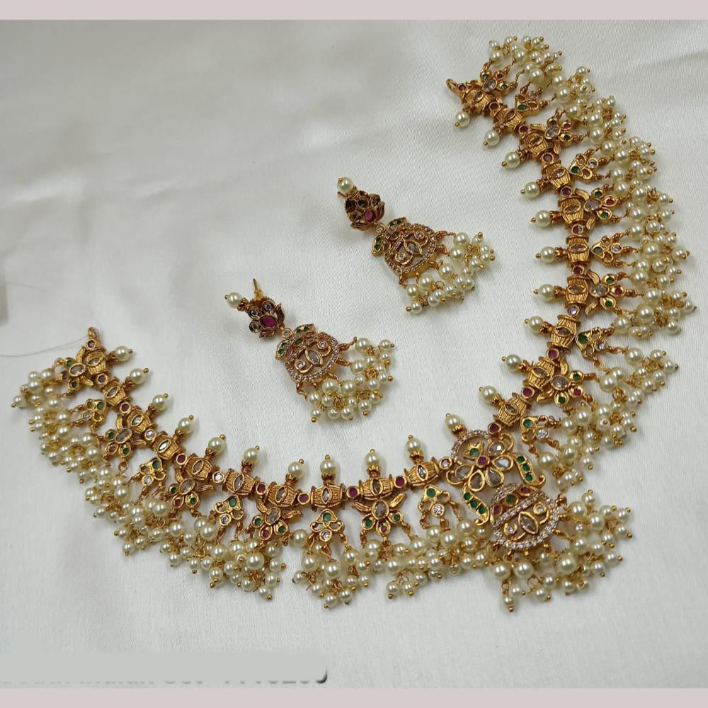 NAFJ Gold Plated Austrian Stone And Pearl Necklace Set