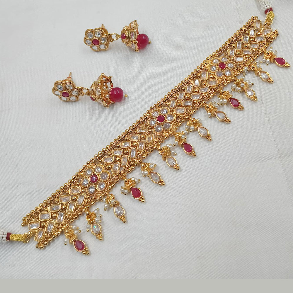 NAFJ Copper Gold Plated Crystal Stone And Beads Necklace Set