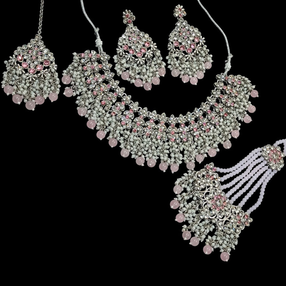 NAFJ Silver Plated Crystal Stone Pearl And Beads Necklace Set