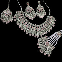 NAFJ Silver Plated Crystal Stone Pearl And Beads Necklace Set