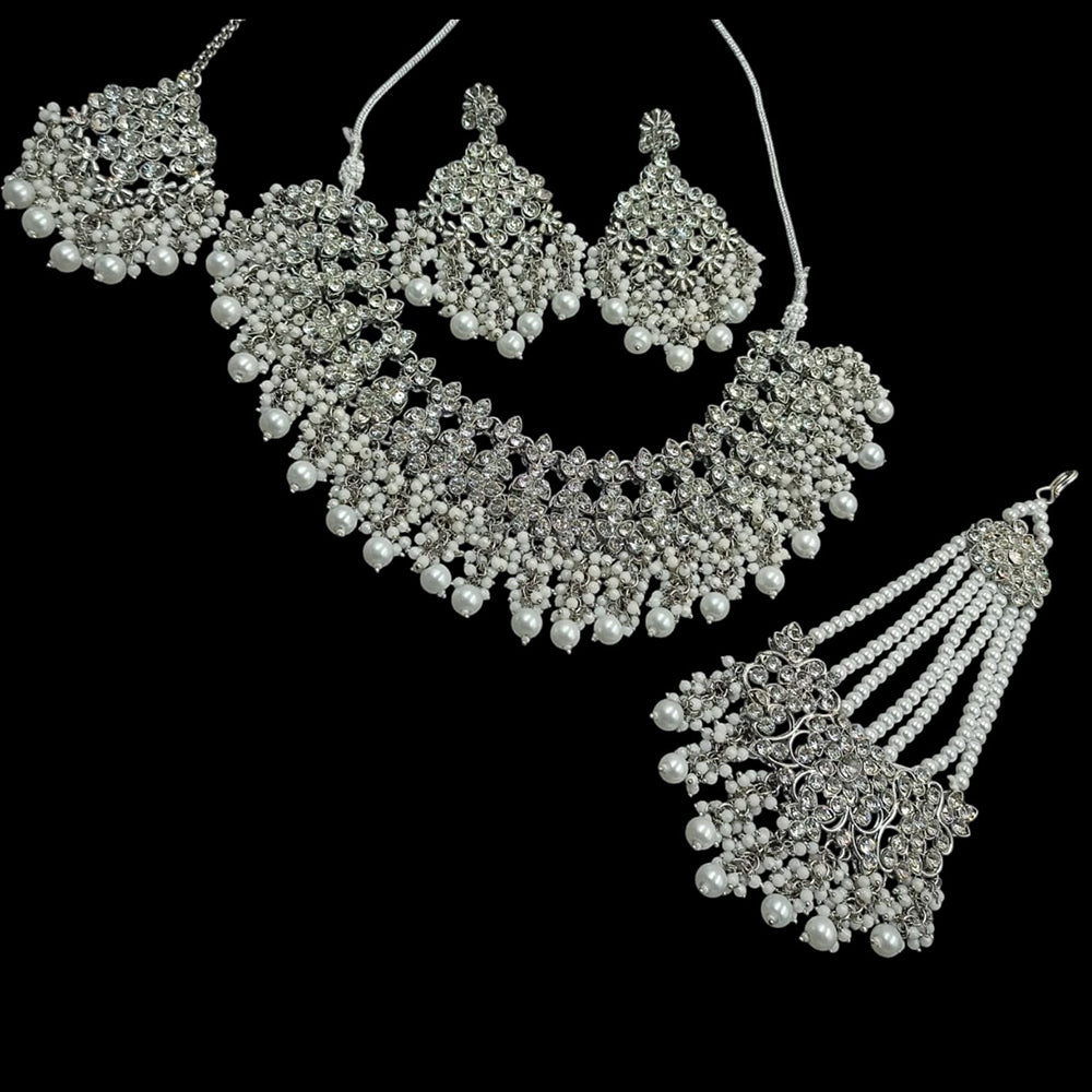 NAFJ Silver Plated Crystal Stone Pearl And Beads Necklace Set