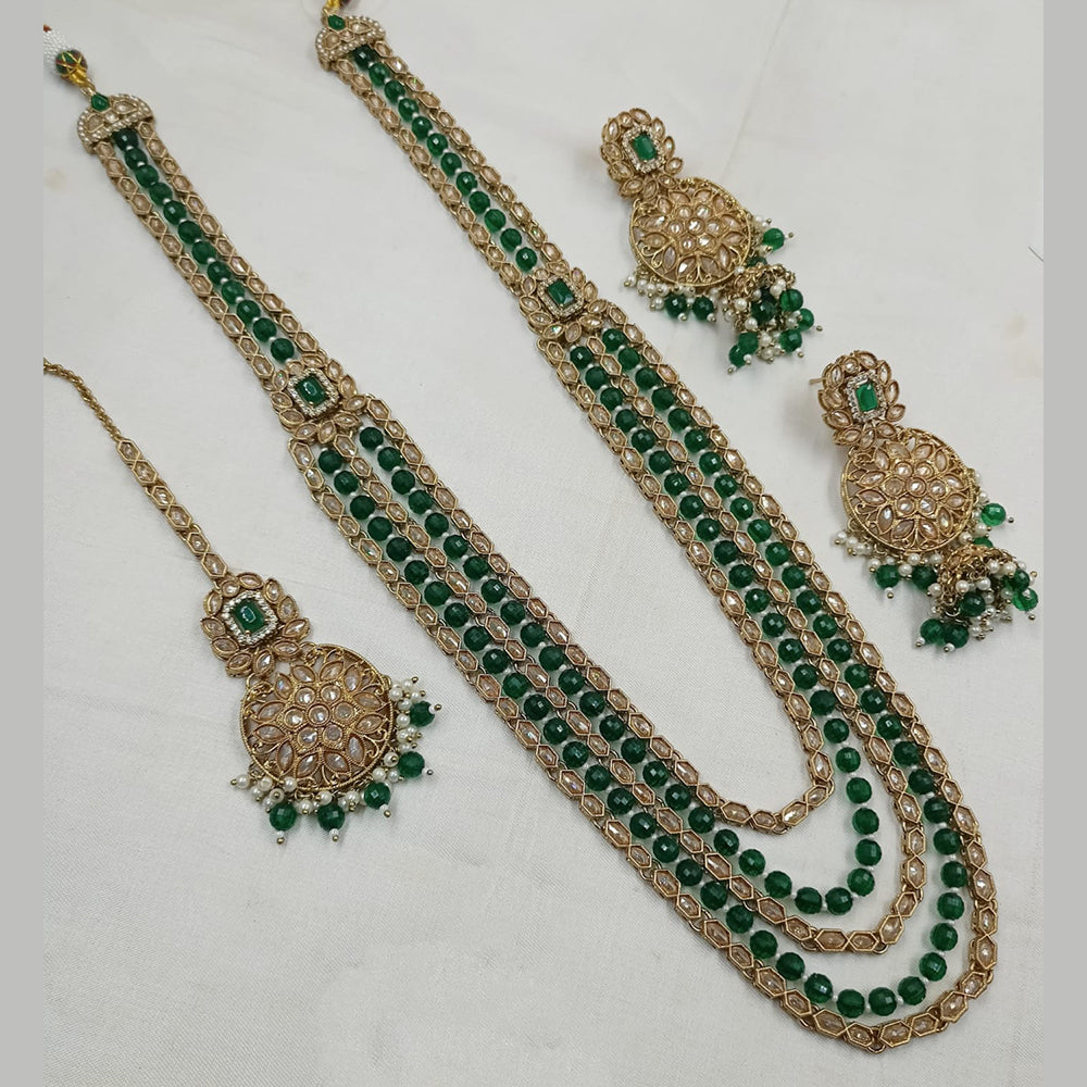 NAFJ Mehndi Plated Crystal Stone And Beads Long Necklace Set