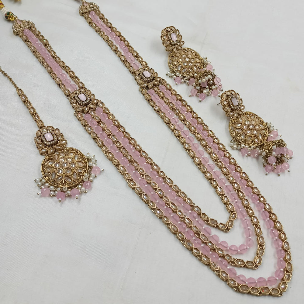 NAFJ Mehndi Plated Crystal Stone And Beads Long Necklace Set