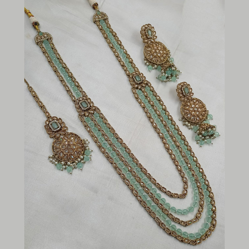 NAFJ Mehndi Plated Crystal Stone And Beads Long Necklace Set