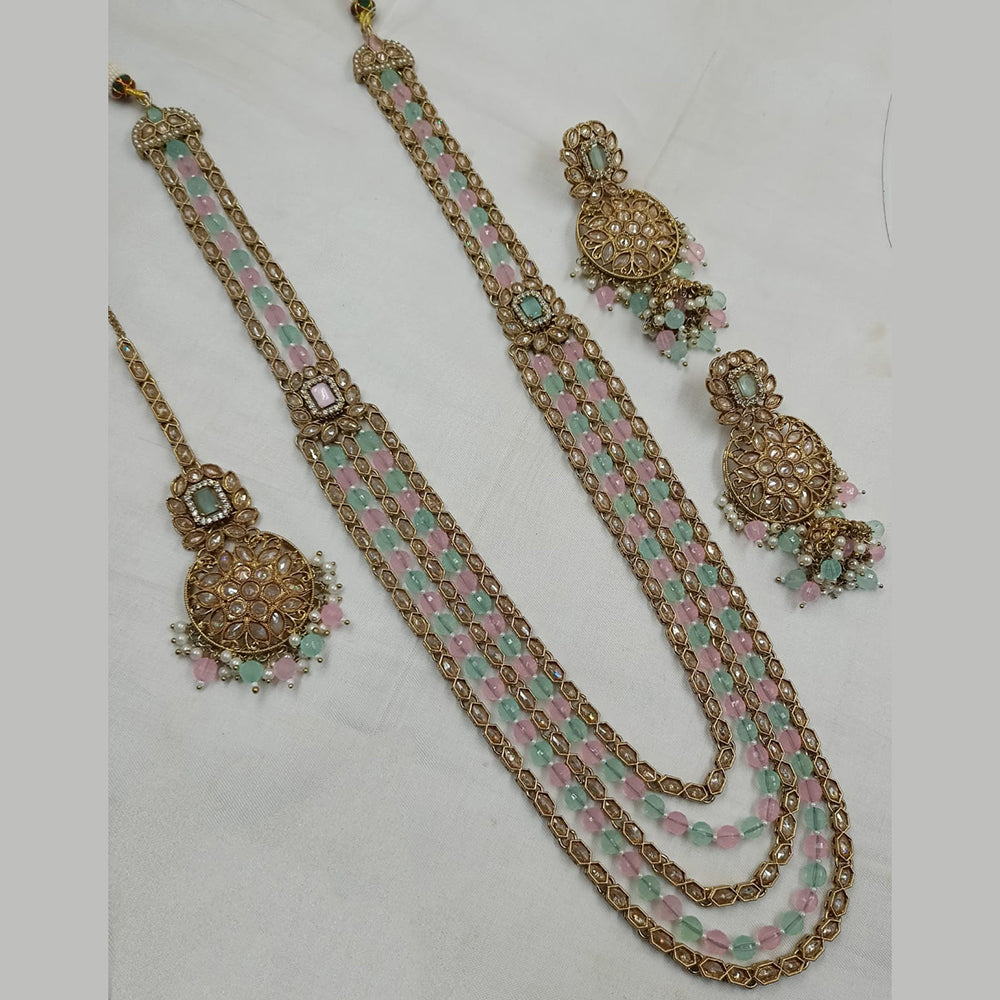 NAFJ Mehndi Plated Crystal Stone And Beads Long Necklace Set