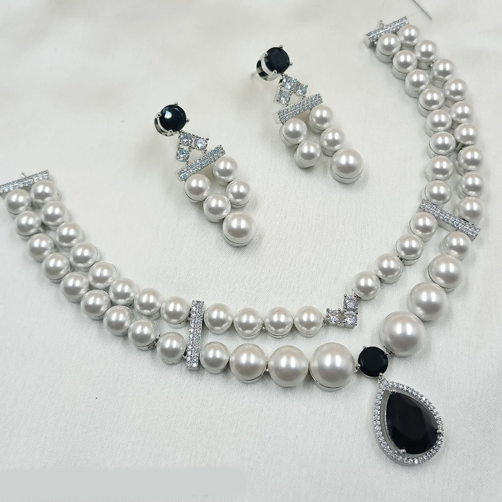 NAFJ Silver Plated Traditional American Diamond And Pearl Look Necklace Set