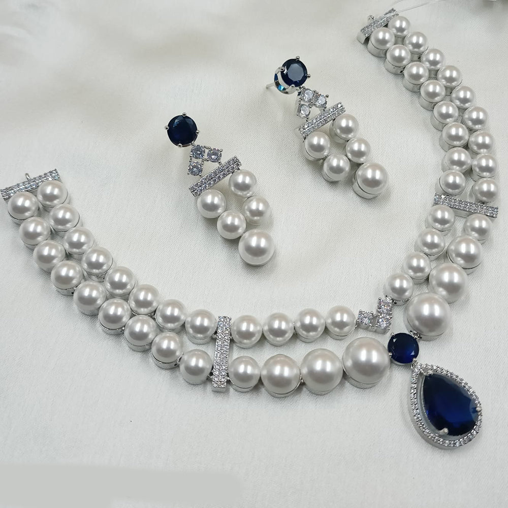 NAFJ Silver Plated Traditional American Diamond And Pearl Look Necklace Set