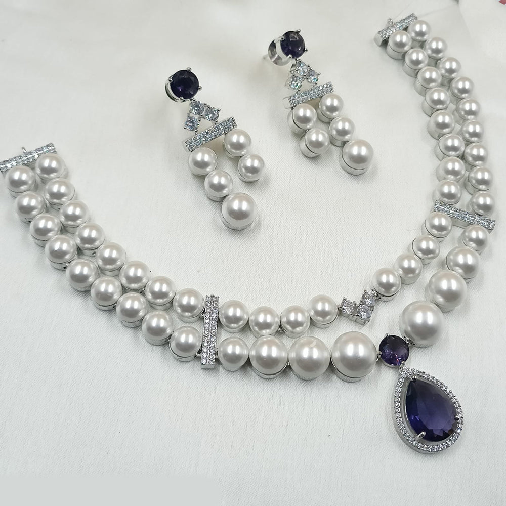 NAFJ Silver Plated Traditional American Diamond And Pearl Look Necklace Set