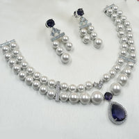 NAFJ Silver Plated Traditional American Diamond And Pearl Look Necklace Set