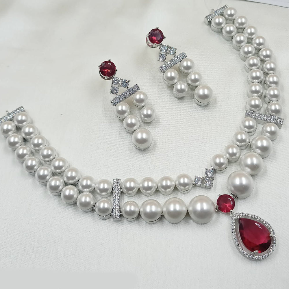 NAFJ Silver Plated Traditional American Diamond And Pearl Look Necklace Set