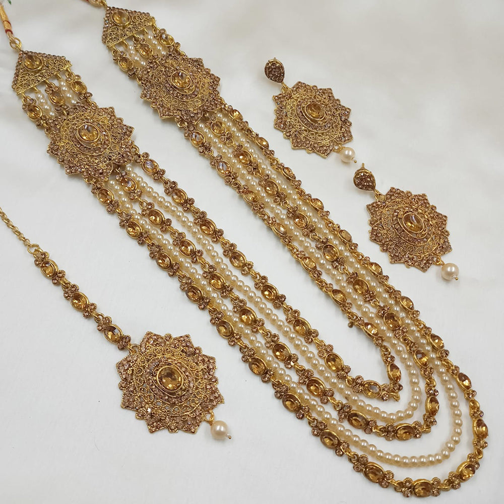 NAFJ Gold Plated Pearl And Beads Long  Necklace Set