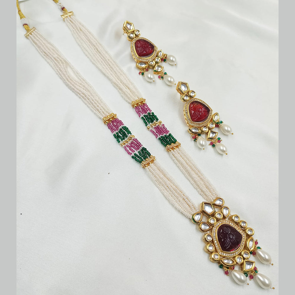 NAFJ Gold Plated Kundan And Pearl Long Necklace Set