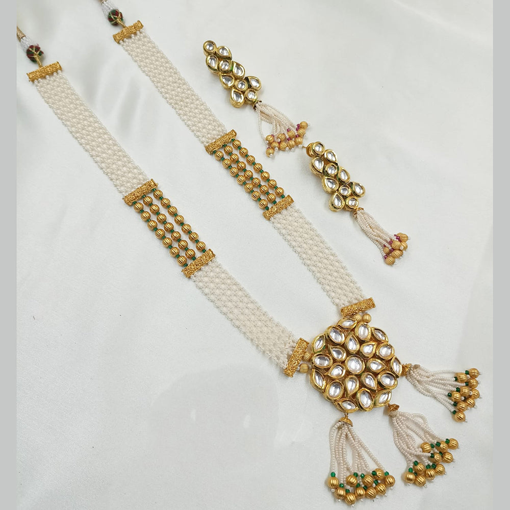 NAFJ Gold Plated Kundan And Pearl Long Necklace Set