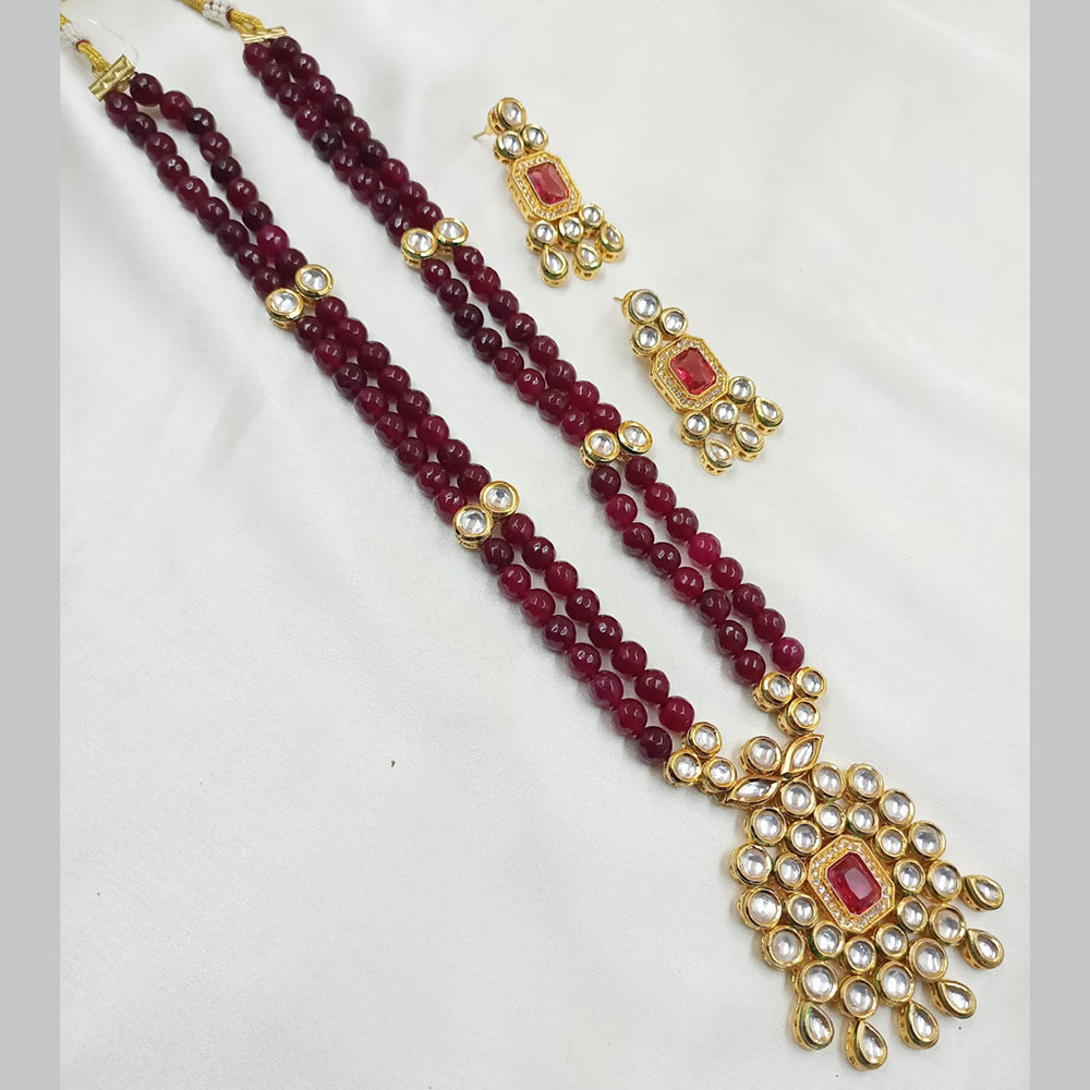NAFJ Gold Plated Kundan And Beads Long Necklace Set