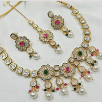 NAFJ Gold Plated Crystal Stone And Pearl Necklace Set