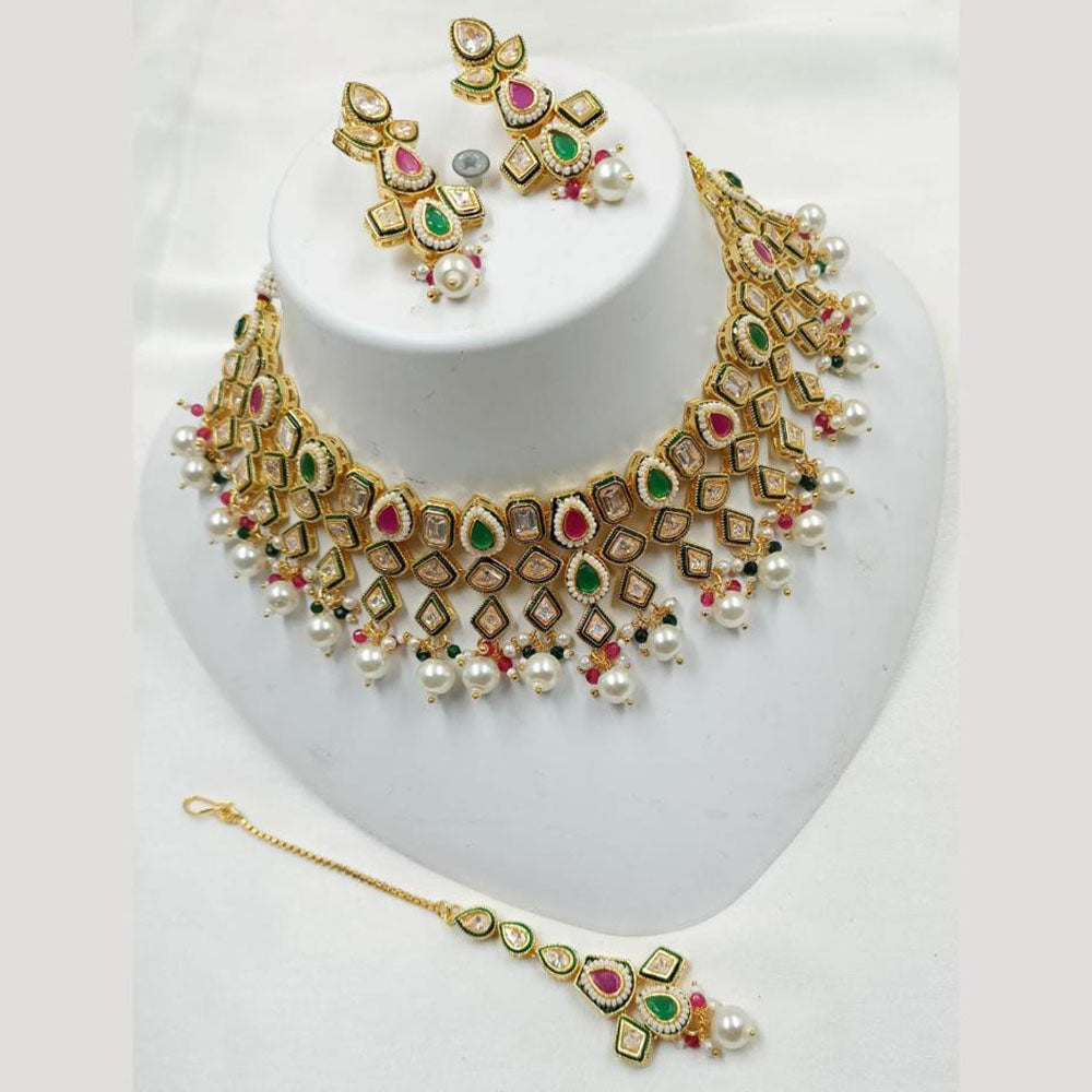 NAFJ Gold Plated Crystal Stone And Pearl Necklace Set