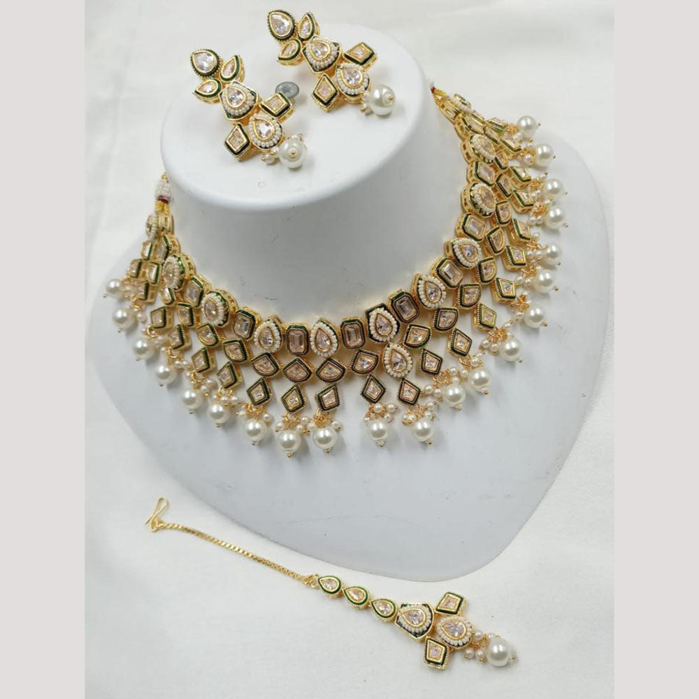 NAFJ Gold Plated Crystal Stone And Pearl Necklace Set