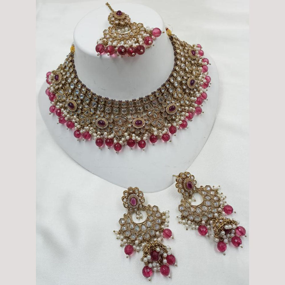 NAFJ Gold Plated Crystal Stone And Pearl Necklace Set