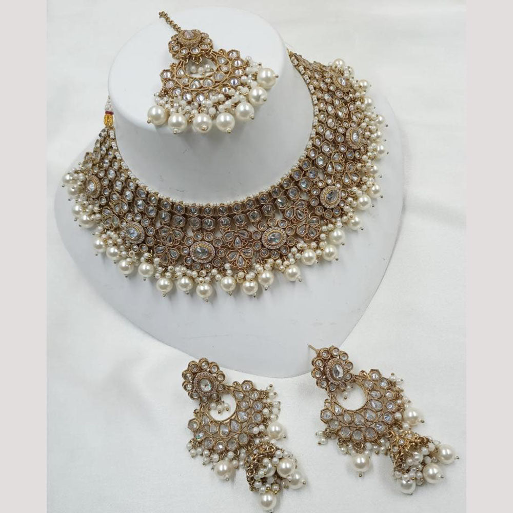 NAFJ Gold Plated Crystal Stone And Pearl Necklace Set