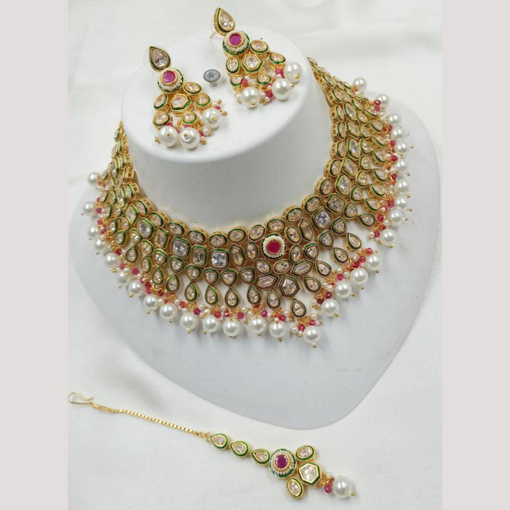 NAFJ Gold Plated Crystal Stone And Pearl Necklace Set