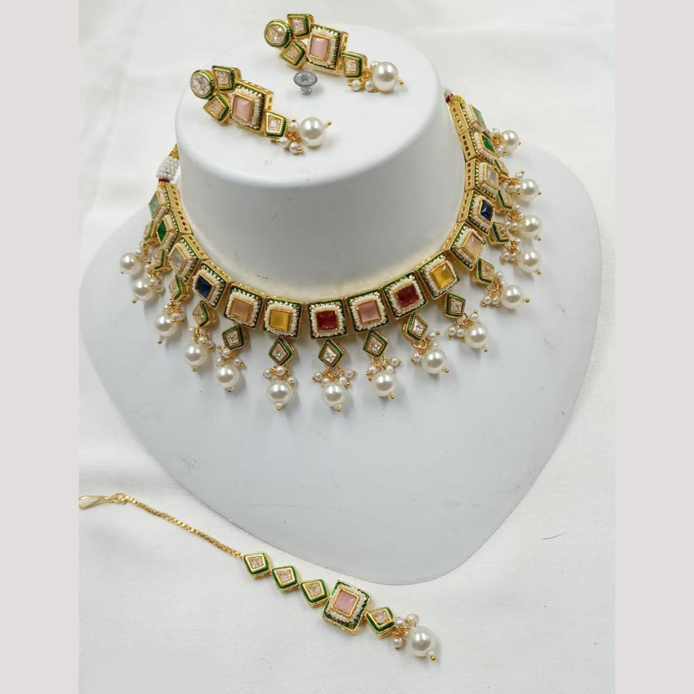 NAFJ Gold Plated Crystal Stone And Pearl Necklace Set