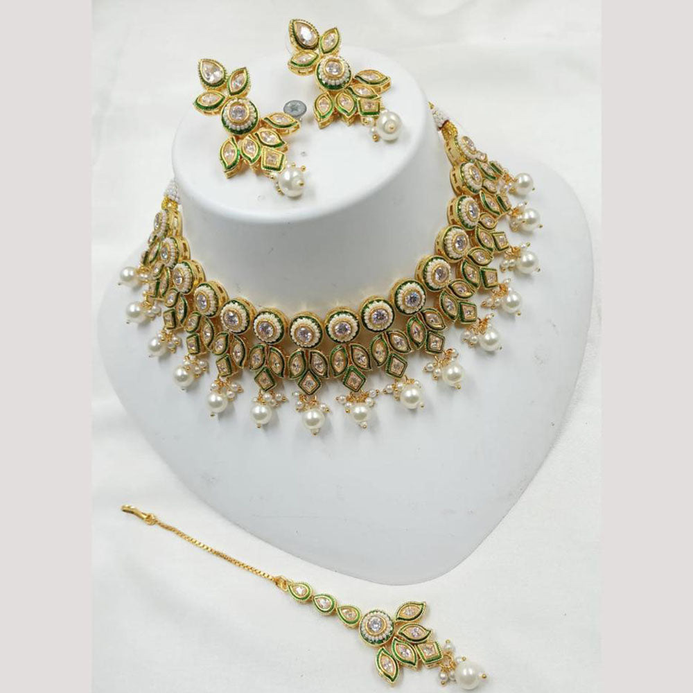NAFJ Gold Plated Crystal Stone And Pearl Necklace Set