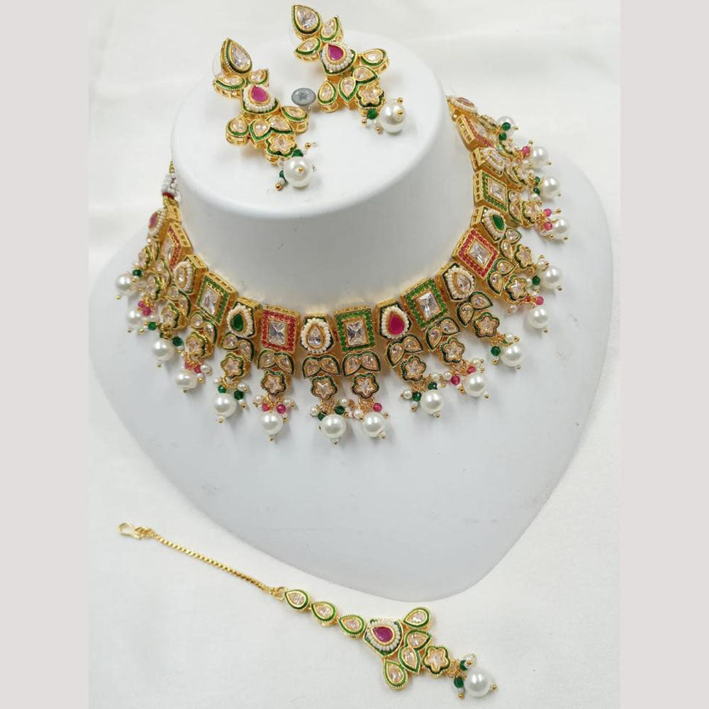 NAFJ Gold Plated Crystal Stone And Pearl Necklace Set
