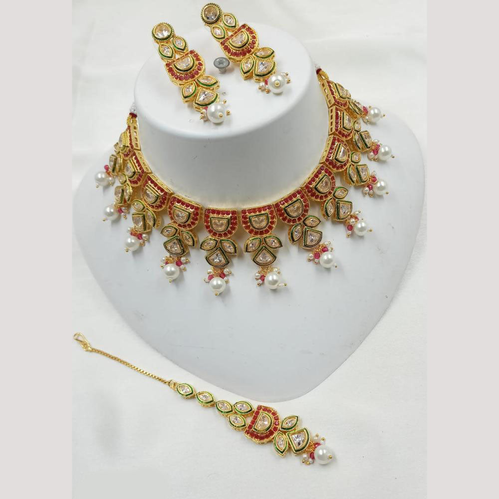 NAFJ Gold Plated Crystal Stone And Pearl Necklace Set
