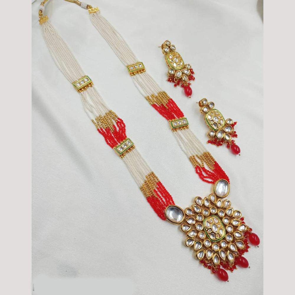 NAFJ Gold Plated Kundan And Pearl Long Necklace Set