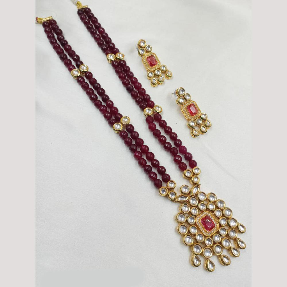 NAFJ Gold Plated Kundan And Beads Long Necklace Set