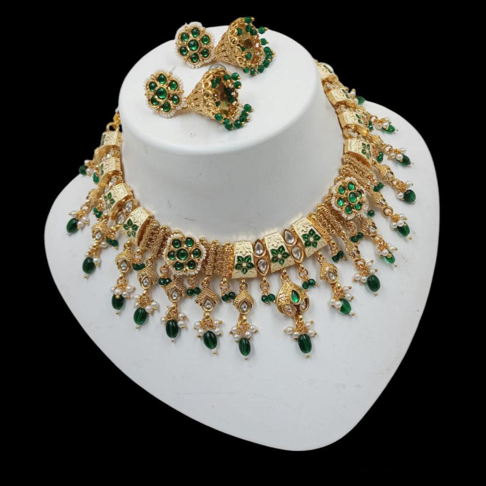 NAFJ Gold Plated Pota Stone And Pearls Meenakari Necklace Set