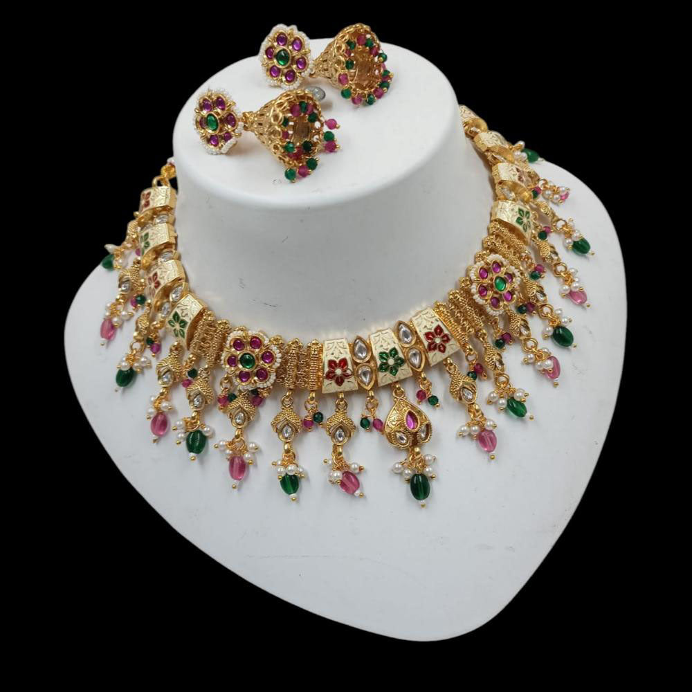 NAFJ Gold Plated Pota Stone And Pearls Meenakari Necklace Set