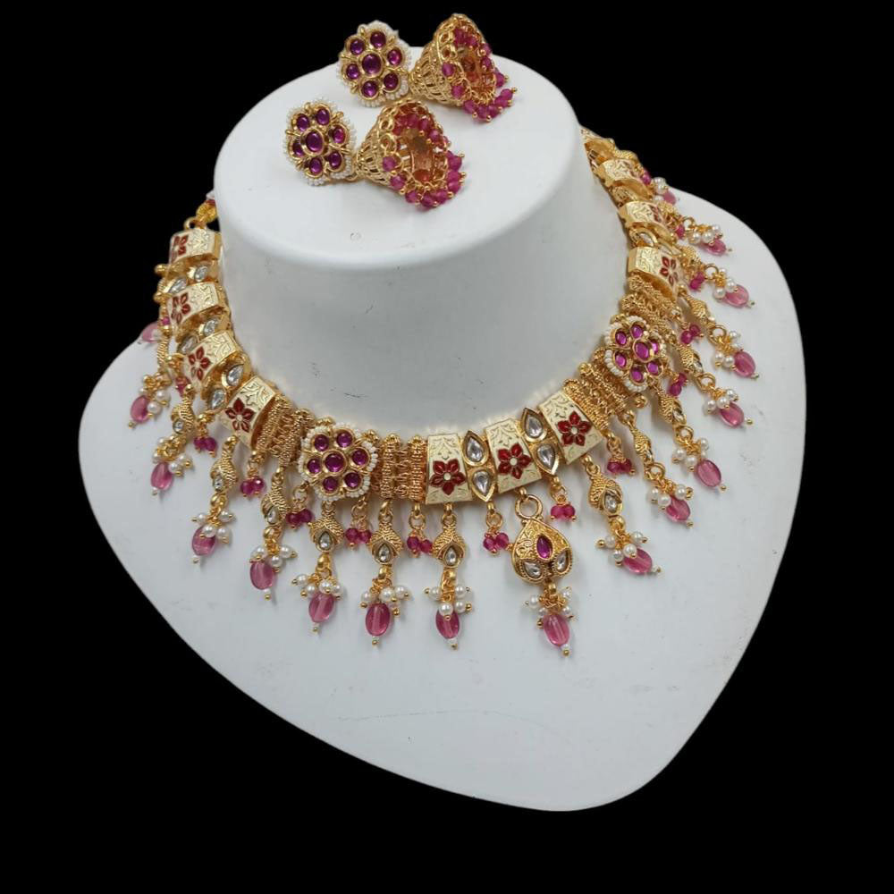 NAFJ Gold Plated Pota Stone And Pearls Meenakari Necklace Set