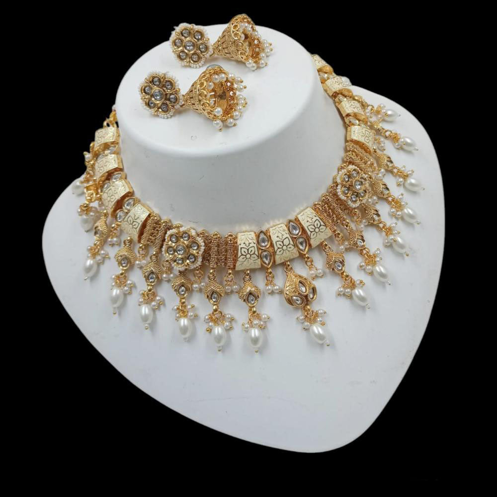 NAFJ Gold Plated Pota Stone And Pearls Meenakari Necklace Set