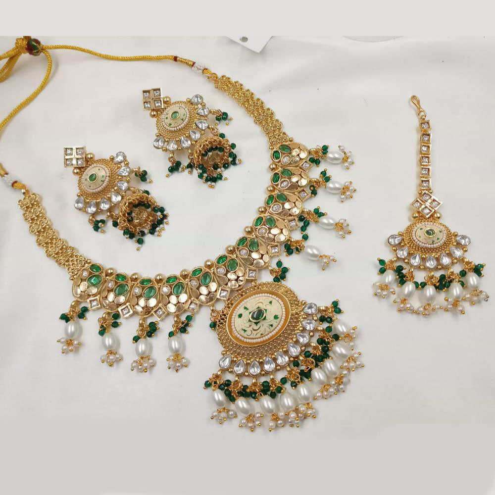 NAFJ Gold Plated Pota Stone And Pearls Meenakari Necklace Set