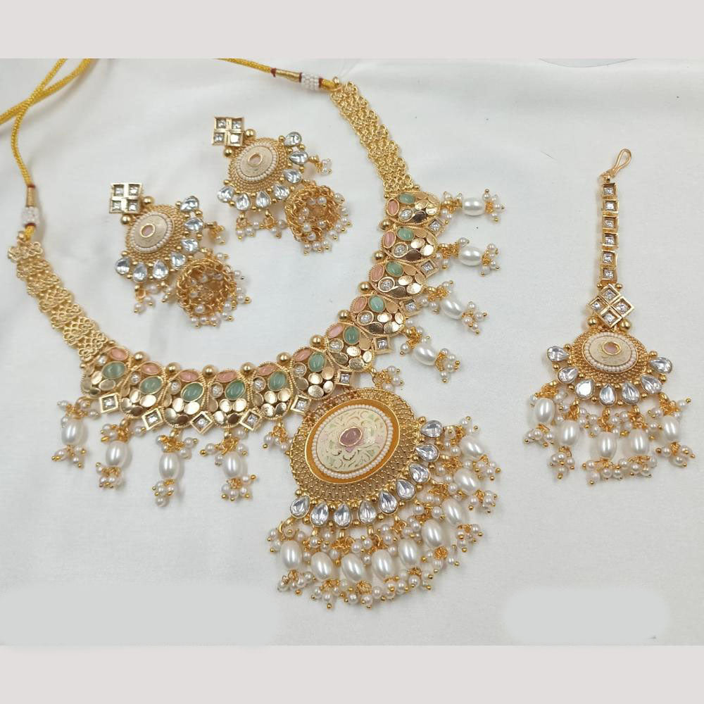 NAFJ Gold Plated Pota Stone And Pearls Meenakari Necklace Set