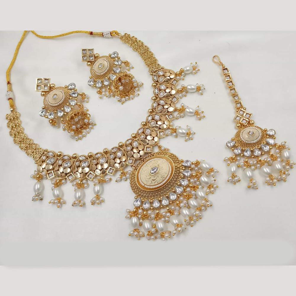 NAFJ Gold Plated Pota Stone And Pearls Meenakari Necklace Set